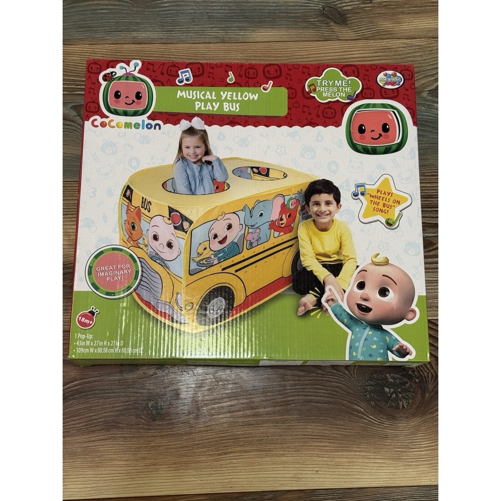 NEW!  Cocomelon Musical Yellow School Bus Pop Up Tent. Plays Wheels On The Bus.